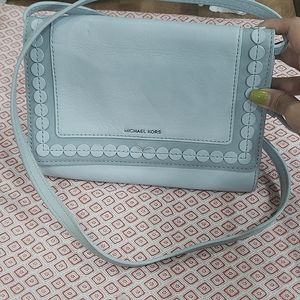 Pre-Loved Michael Kors Shoulder Bag Logo Crossbody Leather Light Blue Gray Women